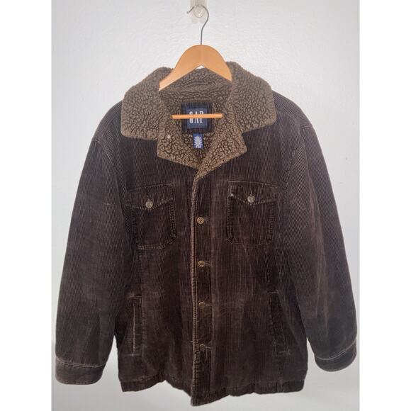 Gap Men's Corduroy Jacket L Chocolate Brown Sherpa Collar Y2K Button Up Pockets - Picture 1 of 11